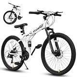 Ecarpat 26 Inch Folding Mountain Bike, 21 Speed Full Suspension High-Carbon Steel MTB, Dual Disc Brake Foldable Bicycle, Folding Bikes for Adults Men Women, White