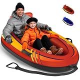 2 Person Snow Sled, Heavy Duty Inflatable Snow Tube with Canvas Cover | Snow Tube Sled for Kids & Adults with Ergonomic Backrest, Secure Handles & Tow Strap, Winter Snow Toy for Family Sledding Fun