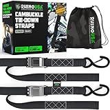 Rhino USA Motorcycle Tie Down Straps (2 Pack) Lab Inspected 2,200lb Break Strength, Steel Cambuckle Tiedown Set with Integrated Soft Loops - Better Than a Ratchet Strap (Black 2-Pack)
