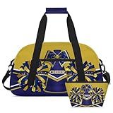 Mardesigns Cheerleader Dance Bag for Cheer Women Team, Sport Gym Bag and Makeup Cosmetic Bag, Cheerleading Gifts for Practice Weekender Sleepover Carry On Duffel Bag, Gold Blue 2 Pcs Set