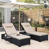 WAROOM Outdoor Chaise Lounge Chairs for Outside Patio Furniture Set of 2 Wicker Recliner Black Rattan Reclining Pool Sunbathing Chair Adjustable Backrest Lounger with Khaki Cushion