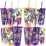 Tellingyou 12 Pack Roller Skating Party Favors Plastic Cups with Lids and Straws 24 oz Reusable Tumblers Water Bottles for Roller Skating Party Supplies