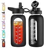 CIVAGO 32 oz Glass Water Bottle with Straw and Handle, Large Sports Motivational Water Bottle Flask with Time Marker and 2 Lids, Leakproof Water Jug Canteen with Silicone Sleeve for Gym,Black