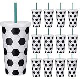 12 Pack 24oz Soccer Party Cups with Lids and Straws - Reusable Plastic Tumblers for Kids Birthday, Sports Themed Football Pattern Cold Drink Cups, Game Day Party Supplies, Team Gifts & Favors (White)