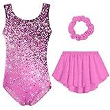 Idgreatim Girls Gymnastic Leotard Neon Gymnastics Outfit with Skirt U Collar Hollow Back Gymnastic Bodysuit 6-7 Years Old