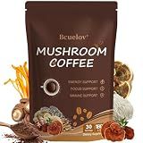 Mushroom Coffee, Instant Mushroom Coffee Powder with 6 Adaptogenic Mushrooms (Cordyceps, Lion’s Mane, Shiitake, Turkey Tail) and MCT Oil for Better Energy, Focus, Immune Support - 30 Servings