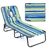 GYMAX Tanning Chair, 330lbs Beach Lounge Chair with Face Hole, Washable Pillow & Carry Strap, Adjustable Folding Chaise Lounge, Layout Chair for Outside, Patio, Poolside, Lawn (1, Stripe)