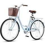 VIRIBUS Beach Cruiser Bike for Women, Single Speed Womens Bike 26 inch with Basket & Rack, Step Through Cruiser Bike for Petite Short Women Female Seniors, Adult Bike for City Commuter 330 lb. Blue