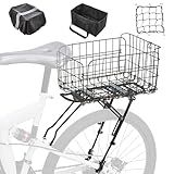Fitense Rear Bike Rack with Basket- Bicycle Cargo Rack with Waterproof Cover, Liner and Cargo Net, Bike Storage Basket for Double - Rod Rear Fork for 26" - 29" and 700c Bikes