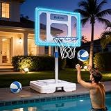 Bestsci Oversized Pool Basketball Hoop with Super Bright Solar Lights, Poolside Basketball Hoop with 32" Shatterproof Backboard, Height Adjustment Pool Basketball Goal with Stainless Steel Rim,2 Balls