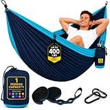 Durable Hammock 400 lb Capacity, Nylon Camping Hammock Chair - Double or Single Sizes w/Tree Straps and Attached Carry Bag - Portable for Travel/Backpacking/Beach/Backyard (Medium, Blue & Light Blue)