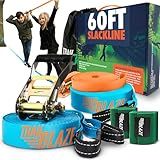 Complete Ninja Slackline Kit - 60ft Long Slack Line for Backyard for Kids & Adults with Ratchet Straps, Wider Tree Protectors (Complete Kit - Blue)