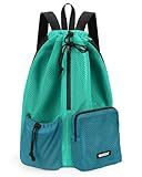 WANDF Swim Bag Mesh Drawstring Backpack with Wet Pocket Beach Bag for Swimming Pool Gym Workout Men and Women (Turquoise)