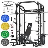 Major Fitness Drone2 Premium Smith△ Machine, All-in-One Home Gym Squat Rack with Aluminum Pulley Set, Weight Bar (BK D2AW Package(with Black Bench+230lb))