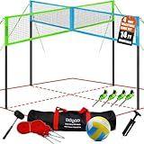 Zdgao Four Way Volleyball Net 14ft x 14ft Height Adjustable 4 Square Volleyball Badminton Outdoor Set for Backyard Lawn Beach Game Play | Come with Soft Volleyball, Hammer and Carry Bag