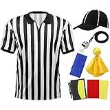 SOMSOC 6 Pieces Men's Official Referee Costume Set Official Umpire Jersey Black and White Stripe Collar Referee Shirt Cards Hat Whistle Penalty Flag Sandbag Rugby Referee Necessities