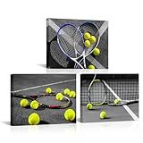 KLVOS 3 Pieces Tennis Canvas Wall Art Tennis Ball and Racket on Court Pictures Artwork Black White Sports Painting Tennis Club GYM Wall Decor