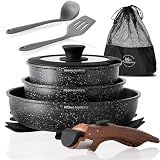 Kitchen Academy Removable Handle Induction Pots and Pans Set - 10 Piece Non-stick Cookware Sets, Black Granite Stackable RV Cookware for Camp