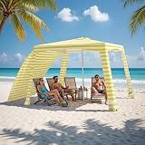 Beach Cabana-6.6x6.6’Beach Canopy with Side Wall,Portable Umbrella Tent with Sand Pockets for Family & Friends,Easy Up Beach Sun Shelter for Outdoor Patios,Backyards,and Camping,Yellow Stripes