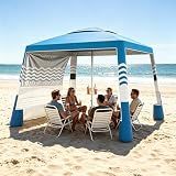Hqeeun Beach Cabana, 8'X 8' Beach Canopy Tent Sun Shade, UPF 50+ Protection Silver-Coated Beach Tent Sun Shelter with Sandbags & Side Wall for Family, Portable Beach Shade, Easy Setup, Sky Blue