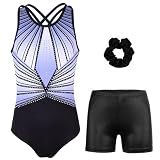 MODAFANS Gymnastics Leotards for Girls with Shorts Sparkly Set Cross Back Activewear 10-11Years,Bluish-black Diamond