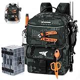 KastKing BaitSpace 50L Fishing Tackle Backpack with Removable Bait Binder & 4 Tackle Boxes,2 Rod Holders Storage Fishing Gear and Equipment,Black Camo