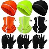 Eurzom 9 Pcs Reflective Beanie Hat Scarf Glove High Visibility Safety Beanie Hat Winter Reflective Neck Gaiter Beanie Gloves(Fluorescent Yellow and Green, Orange)