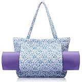 Sadnyy Blue Floral Quilted Yoga Bags with Mat Pocket for Women, Cute Cotton Floral Yoga Tote Carrier with Shoulder Strap, Ideal for Pilates, Travel, Office, Beach & Workout