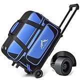 GoHimal Double Roller 2 Ball Bowling Bag with Separate Shoe Compartment for Bowling Shoes (Up To US Mens Size 15) and Oversized Accessory Pocket, Retractable Handle - Extends to 40" (Black-Blue)