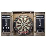 Accudart Match Pro Dartboard Cabinet Set – Official 18” Sisal Board, Self‑Healing Fibers, Modern Woodgrain Cabinet, Built‑in Dart Holders, Auto LED Lighting – Includes Scoreboards & Steel‑Tip Darts