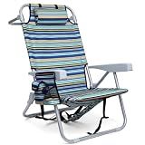 Yestomo Backpack Beach Chair for Adults, Folding Beach Chair with 4 Positions, Heavy Duty Chair with Large Cooler Pouch Support to 350LBS (Stripes_Blue&Cyan&Yellow)
