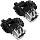 Whistle, 2 Packs Sports Whistles with Lanyard & Mouth Grip, Loud Crisp Sound, Black Plastic Whistles Ideal for Coaches, Referees, and Officials