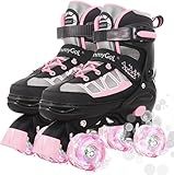 MammyGol Roller Skates for Kids Boys Girls, Adjustable Quad Skates with Light Up Wheels for Toddler Big Kids Ages 6-12 Size 3 4 5 6, Beginners Outdoor Sports, Pink
