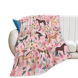 Horse Blanket Gifts for Girls Women Western Horses Flowers Print Fleece Flannel Throw Blankets Soft Lightweight Animal Plush Stuffed Pink Throws for Kids Adults Bed Sofa Decor 50"x40"