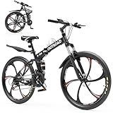 Outroad Mountain Bike, 26 Inch Outdoor Foldable Bike for Adult, 21-Speed Dual Suspension High-Carbon Steel MTB Foldable Bicycle, Dual Disc Brake Folding Bikes for Men and Women, LH-Black
