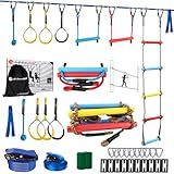 Ninja Warrior Obstacle Course for Kids - 2*56FT Slackline Kit with 8 Obstacles | Upgraded Quick-Install Buckles (No Threading Needed), 900lbs Max Load Backyard Training Gear