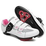 Womens Cycling Shoes Compatible with Peloton Bike Clip in Ladies Indoor Cycling Road Bike Riding Biking Shoes, Pre-Installed Delta Cleats Size 8.5 White Pink
