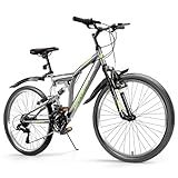 24/26 Inch Mountain Bike for Men & Women, 21-Speed Full Suspension MTB, High-Carbon Steel Frame, Quick Release Front Wheel, Dual Fenders, Easy Assembly, Trail & Commuter Bicycle (Silver, 24 Inch)