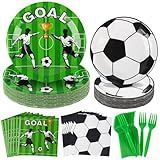 GINOYA 96PCS Soccer Party Supplies Set, Serves 24 Disposable Tableware Kit - 9" & 7" Plates, Napkins & Forks - Soccer Game Day Watch Party, Team Celebration, Soccer Tournament Weekend for Soccer Fans