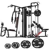 SunHome Multifunction Home Gym Equipment Workout Station, Smith Machine with 138LB Weight Stack, Leg Press, LAT Station for Full Body Training (SH-925G Set (with Bench & 230lb Black Bumper Plates))