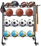 Artibear Basketball Racks Holder for Balls with Wheels, Rolling Metal Sports Equipment Storage Stand Organizer with Baskets and Hooks for Basketballs Footballs Volleyball, Black