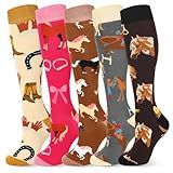 Sintege 5 Pairs Horse Riding Socks for Women Long Equestrian Knee High Socks Novelty Gift for Riding Lovers, Cowgirl, Equestrian Party Favors