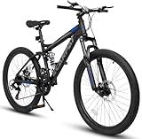 Ecarpat 24 26 Dual Full Suspension Mountain Bike，21-Speed Dual Disc Brakes Carbon Steel Mens Women Mountain Bike, Sport Cycling MTB Bicycle for Adult