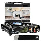 JoChef Portable Butane Camping Stove – 3-Year Warranty, Windshield & Case | Powerful Brass Burner | CSA Certified | Auto ignition | Single burner | Camping, tailgating, road trips & emergencies