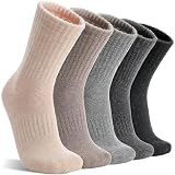 MOGGEI Womens Merino Wool Socks for Hiking Winter Warm Thick Thermal Crew Cozy Cabin Ladies Gift Comfy Boot Work Socks 5 Pairs(Beige/Light Coffee/Grey/Dark Grey/Black,M)