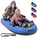QPAU Snow Sled with Premium Canvas Cover, 2 Person Inflatable Heavy Duty Snow Tube with Reinforced Handles, Snow Sleds for Kids and Adults, Winter Toboggan Outdoor Toys Gifts for Family (Blue)