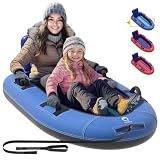 QPAU Snow Sled with Premium Canvas Cover, 2 Person Inflatable Heavy Duty Snow Tube with Reinforced Handles, Snow Sleds for Kids and Adults, Winter Toboggan Outdoor Toys Gifts for Family (Blue)