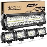 NAOEVO 12 Inch LED Light Bar and 4PCS 4 Inch LED Pod Lights, 54000LM LED Fog/Driving/Off Road Lights, Triple Row Spot Flood Combo LED Light Bar for Truck Car UTV ATV Boat, 1 Year Warranty