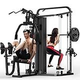 SunHome Multifunction Home Gym Equipment Workout Station, Smith Machine with 138LB Weight Stack, Leg Press, LAT Station for Full Body Training