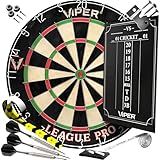 Viper League Pro Play-Ready Bundle, Regulation Size Steel Tip Dartboard with Chalk Cricket Scoreboard, 3 Steel Tip Darts, Staple-Free Bullseye, High-Grade Sisal with Rotating Number Ring